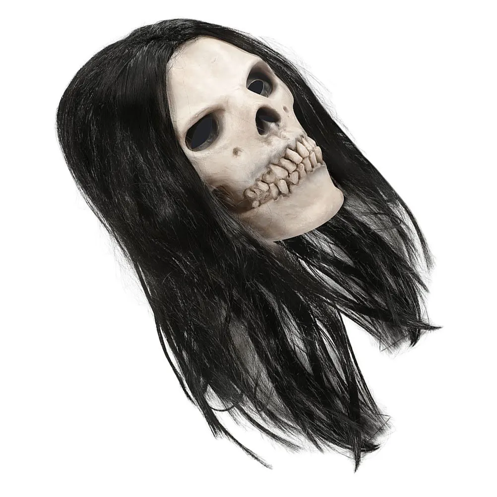 قناع جمجمة الهالوين الواقعي مع غطاء رأس كامل من اللاتكس للشعر للبالغين التنكرية والمسكونة