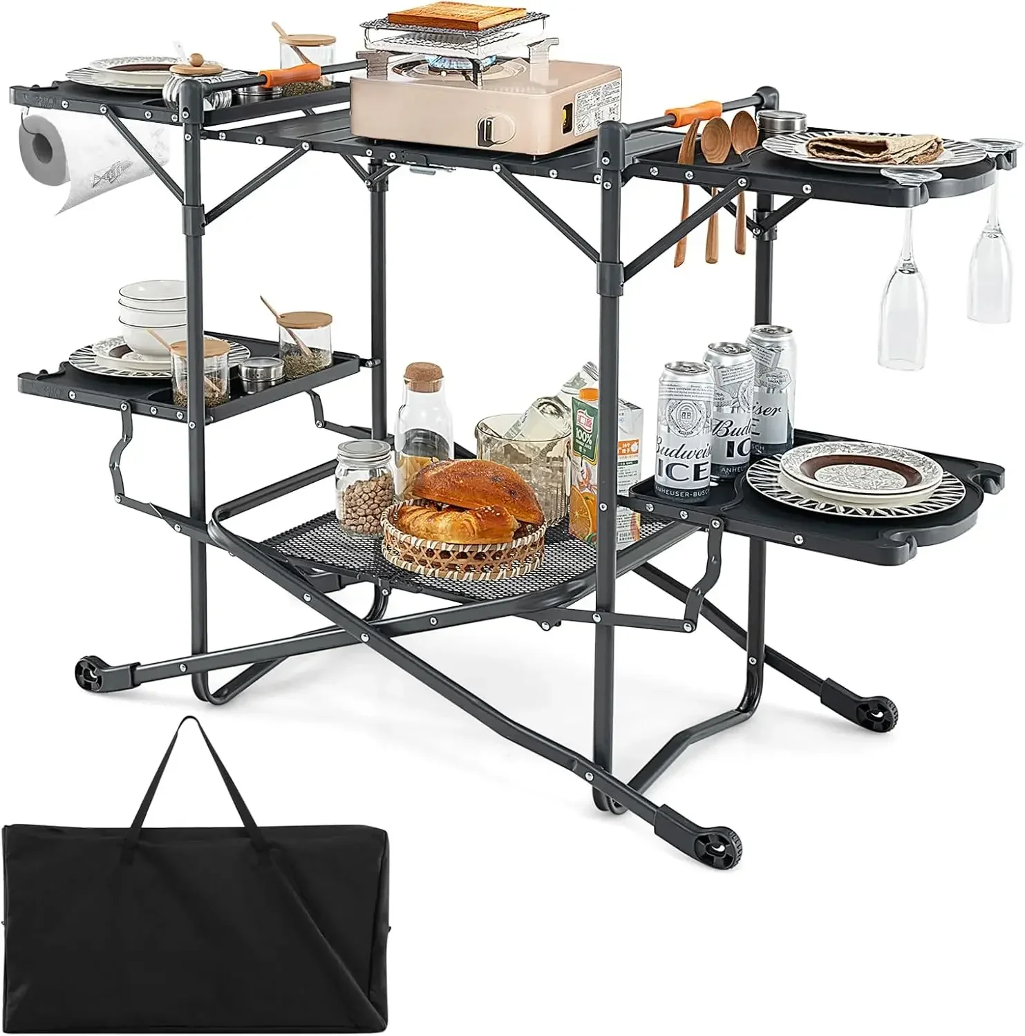 Camping Kitchen Table Station, Outdoor Portable Grill Table with Aluminum Tabletop, 4 Side Tables, Storage Rack, Folding Cooking