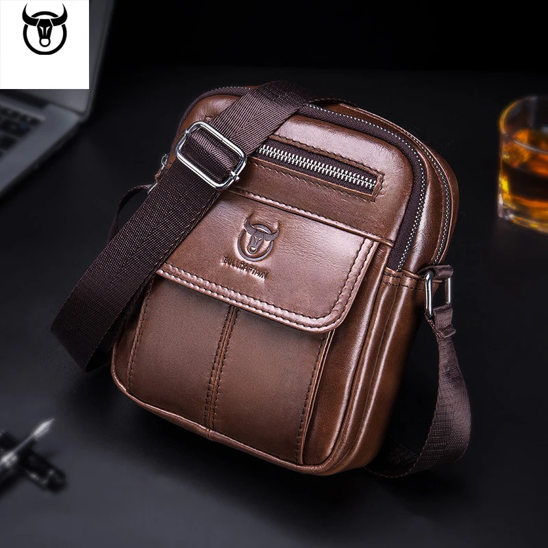 BULLCAPTAIN Classical Men\'s Genuine Leather Coffee Man Crossbody Shoulder Bag Small Business Bags Male Messenger Leather Bags