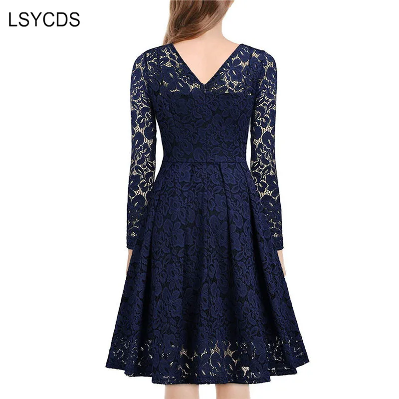 LSYCDS Elegant Sexy Dress for Women Vintage Lace Long Sleeve V Neck Black Blue Robe Femme Casual Dresses Woman Party Night 2024