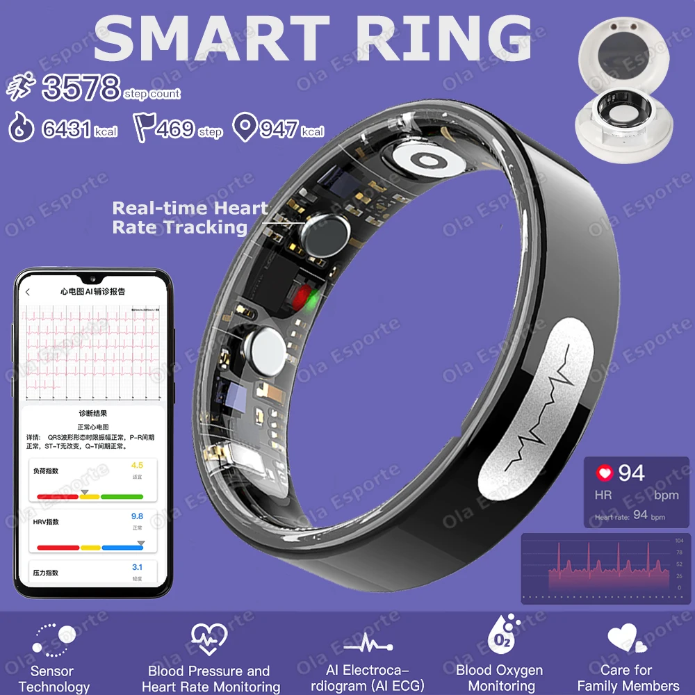 

2026 New ECG Smart Ring With Charge Case, Blood Pressure,Heart Rate,Sleep Monitor,5ATM+IP68 Waterproof Multiple Sport Modes Ring