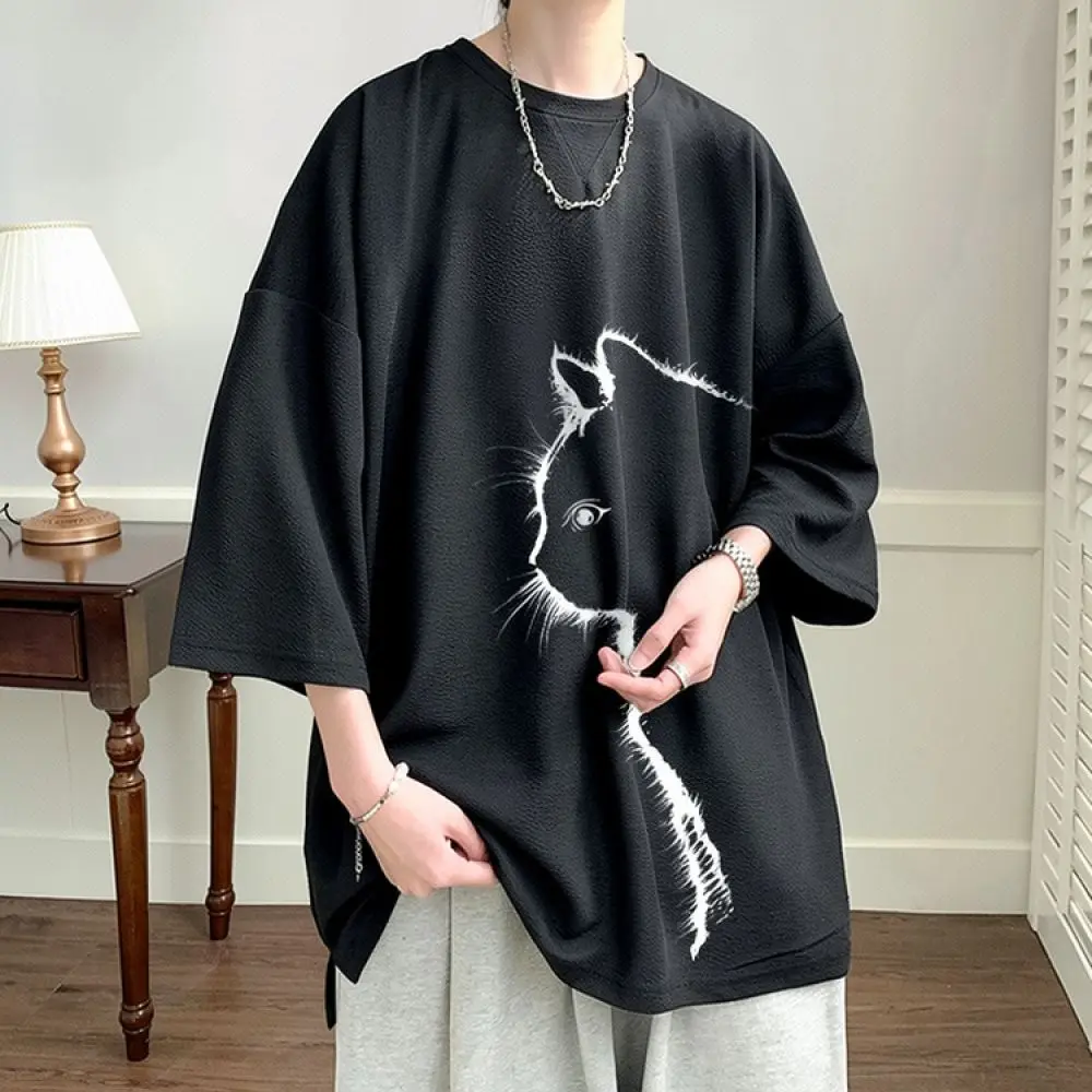 Summer Mens T Shirt Cat Graphic Print Short Sleeve Loose Fit Tee Breathable Quick Dry Oversized Clothing Plus Size Top