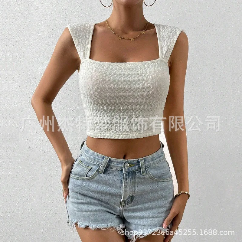 

Hot Girl Vest Summer Fashion Women's Square Collar Tight Navel Top Black Slim Pink Sexy Sleeveless T-shirt Tank