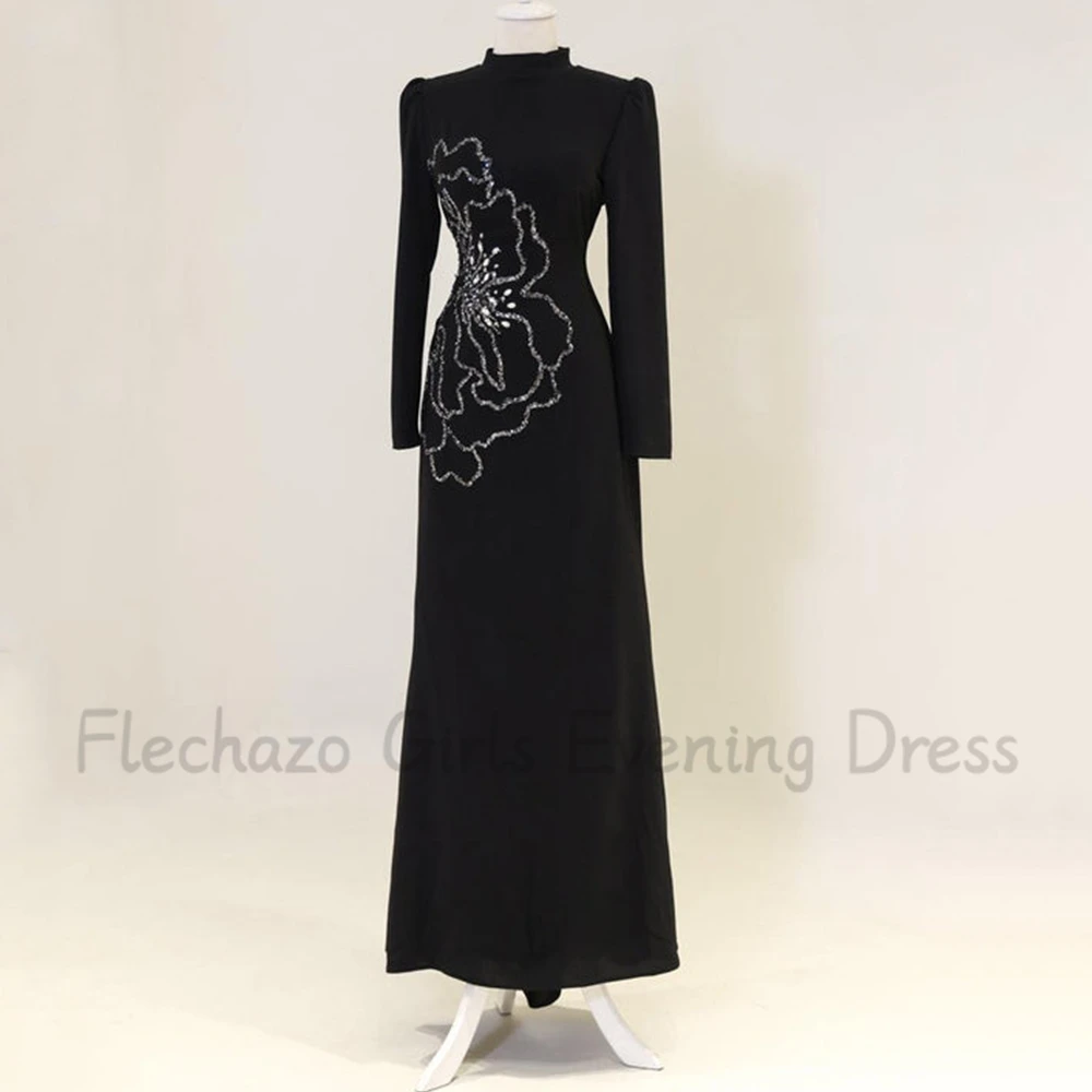 Flechazo-vestido preto de noite com pescoço alto para mulheres, vestidos personalizados, comprimento reto do tornozelo com beading, mangas compridas, festa e banquete