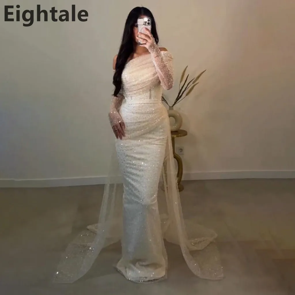 Eightale 2025, glänzendes Pailletten-Beige-Meerjungfrau-Abschlussballkleid, Zug, Maxi-Abendkleid für Damen, formelles Partykleid, individuell gestaltet