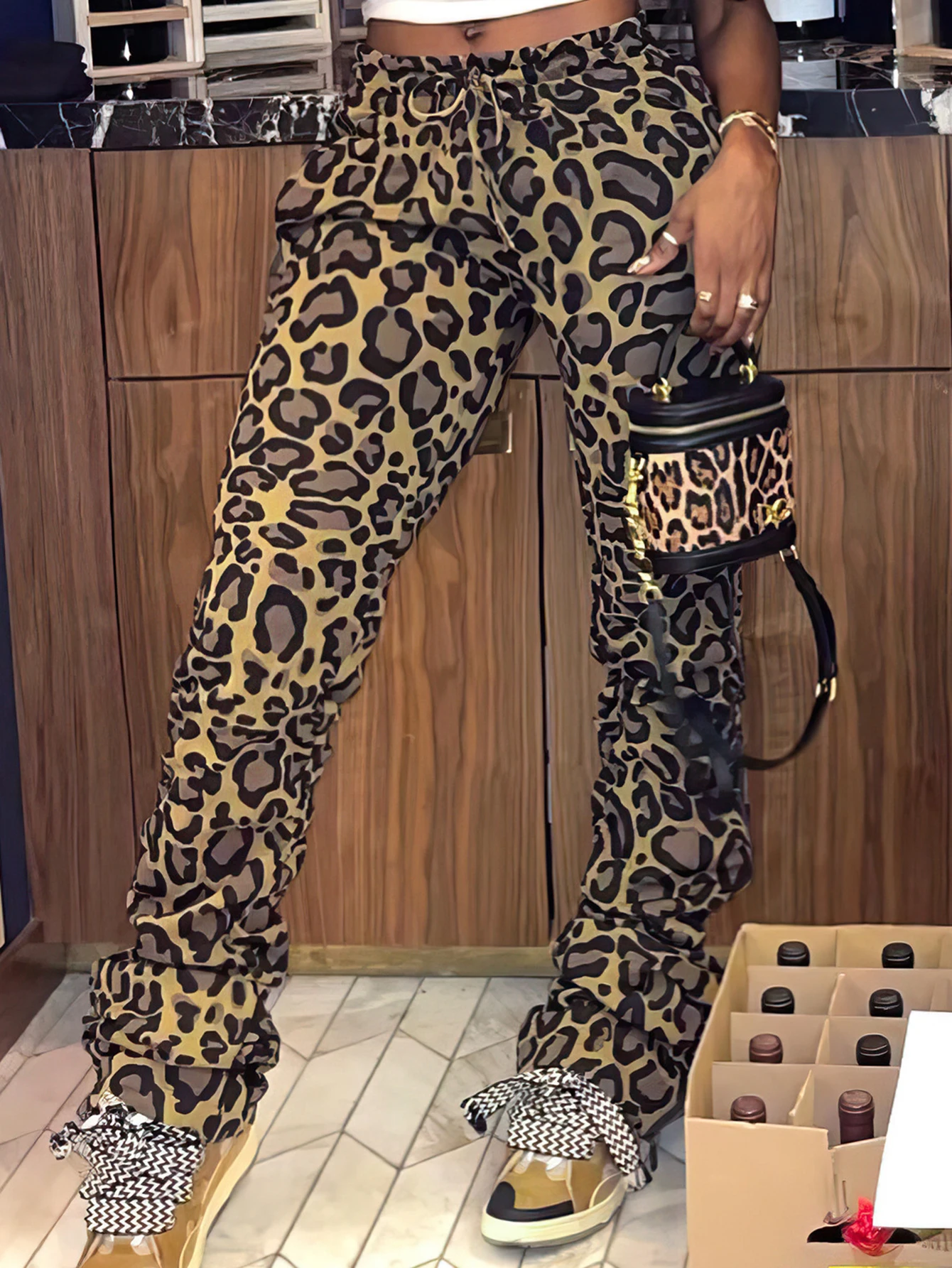 LW Leopard Print Drawstring Stacked Pants Women Sexy Drawstring Sweatpants Casual Fashion Streetwear Trousers Bottoms Long Pants