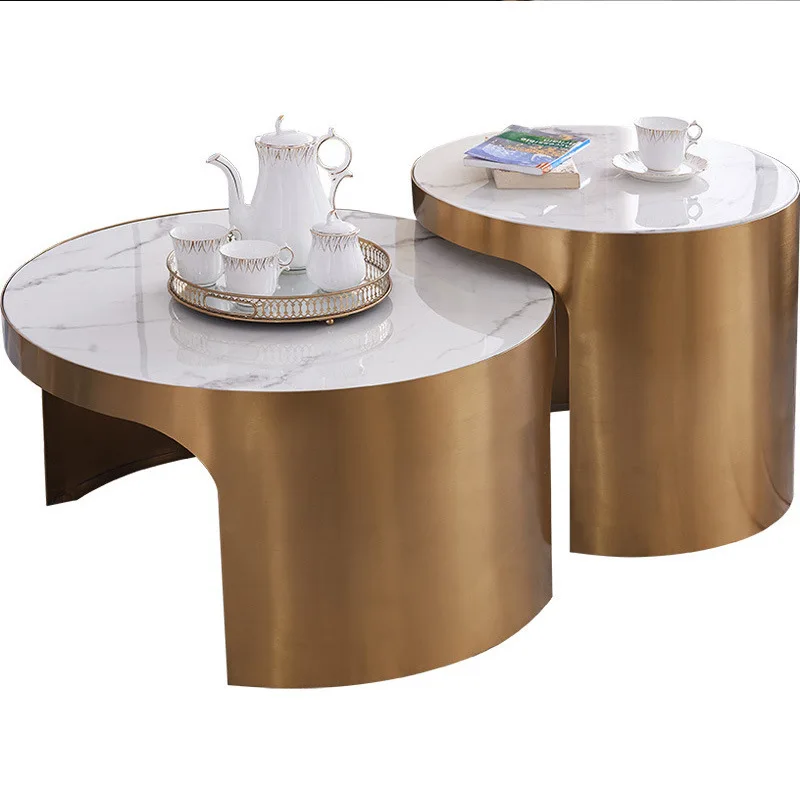 

Light luxury rock slab round coffee table, modern living room creative sofa high and low coffee table combination