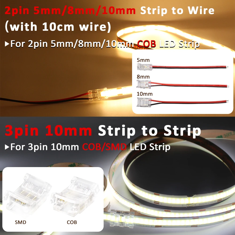 Conector de tira de LED COB, 2 pines, 3 pines, 4 pines, 5mm, 8mm, 10mm, conector de cable rápido sin soldadura para tiras de luces LED de un solo