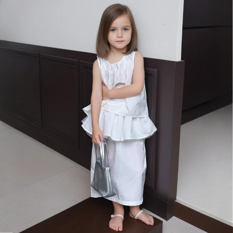 

Girls Skirt Set 2025 Summer White Elegance Sleeveless Tops Long Skirt 2-Piece Kids Outfit Fashion Children Princess Costume 6 Y