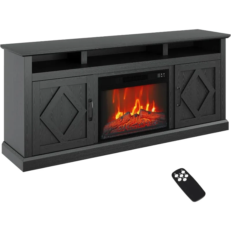 Fireplace Storage Cabinet, Freestanding Tv Stand with Realistic Flame Effect and Adjustable Led Flames, Remote Control