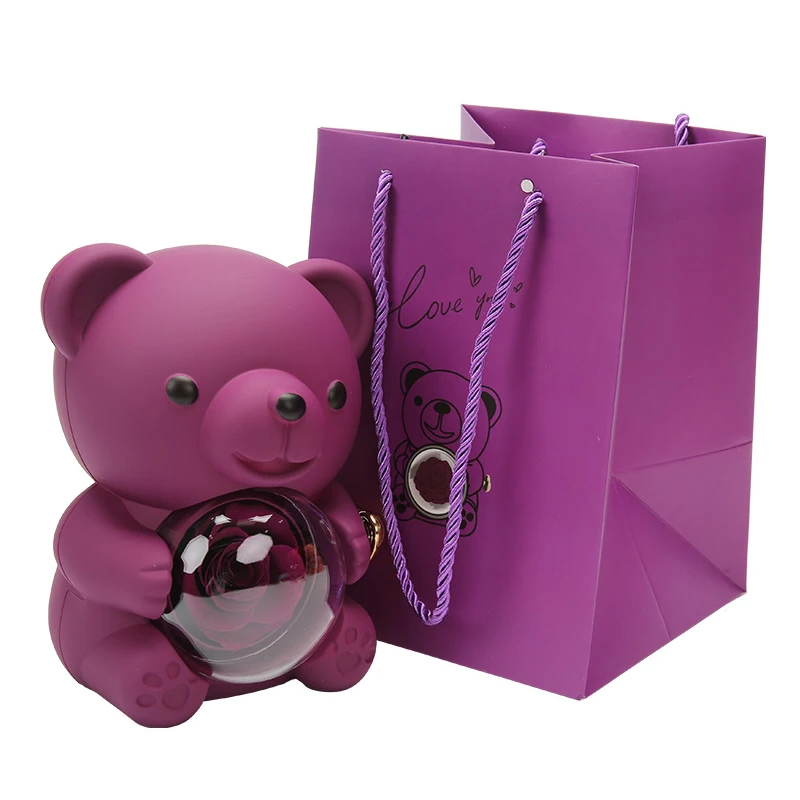 Back-to-School Gifts for Students/Classmates/Teachers Real Preserved Rose Flower Teddy Bear Gift Box and Engraved Name Necklace