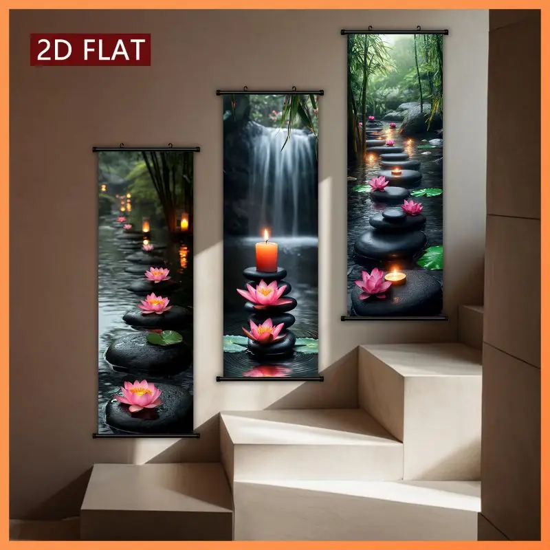 VIKAMA Spa Meditation Lotus Wall Tapestry Zen Stone Candle Waterfall Bamboo Scroll Art Home Decor Retro Style Soft Durable Cozy
