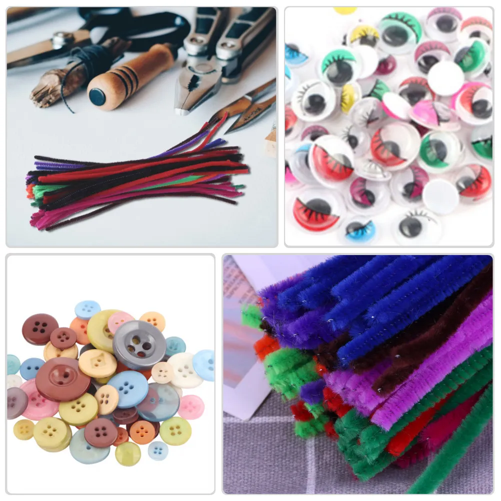 

Набор для творчества для детей: гибкие синельные стержни, помпоны, бусины, губчатые листы, наклейки из ЭВА, пуговицы. Для дошкольников.