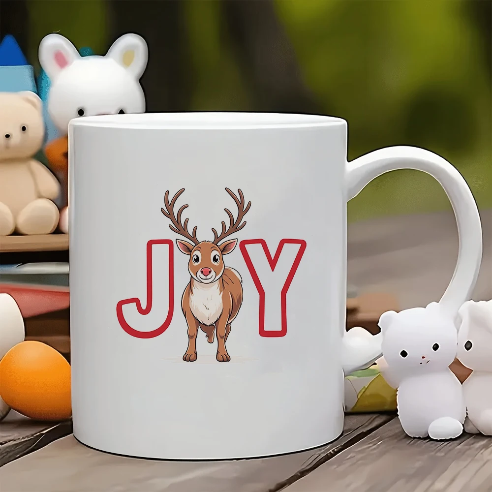 

11oz cartoon reindeer mug + JOY festive Christmas gift kids cup family office coffee mug