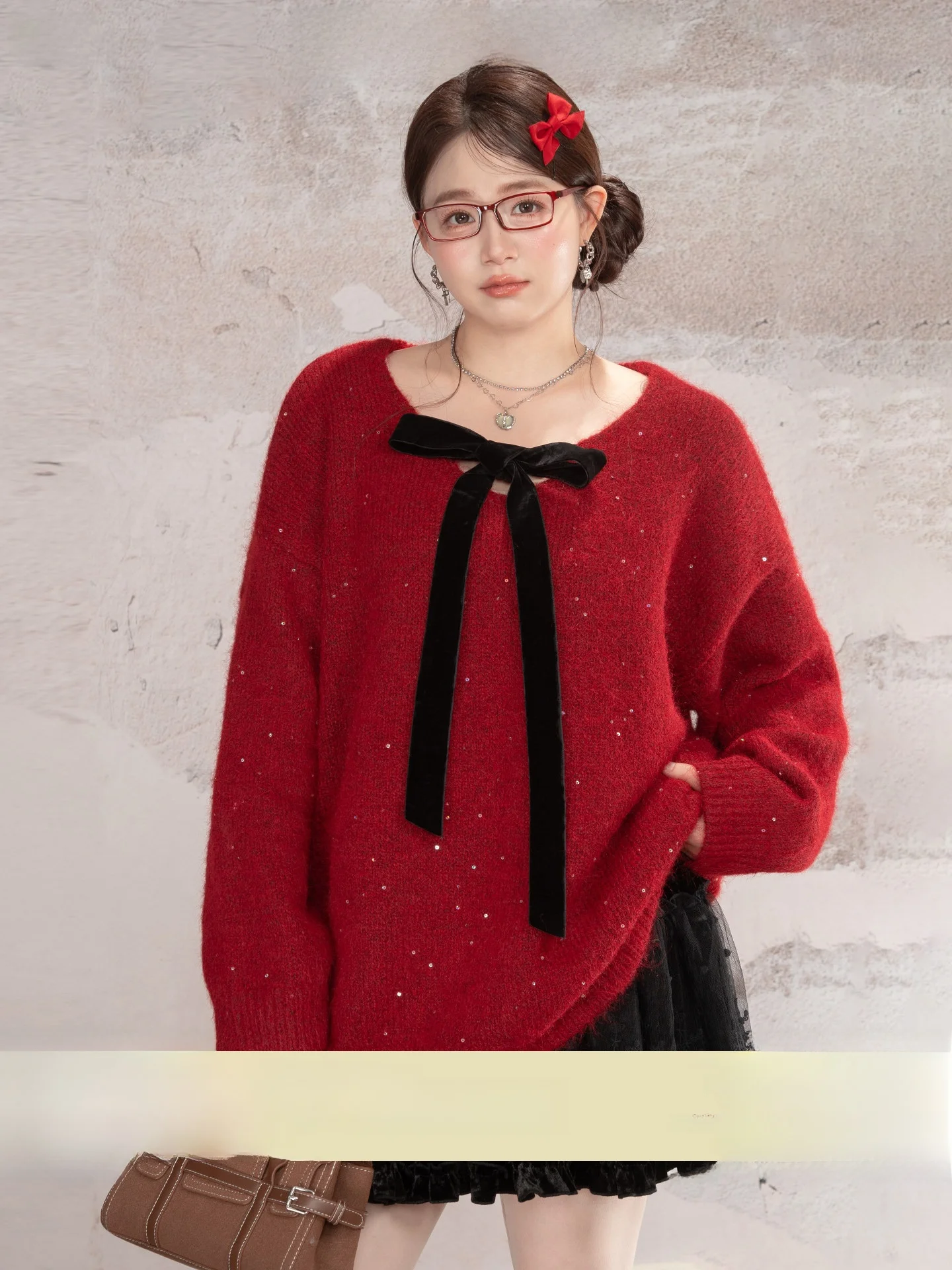 

Heynew, большие размеры, жемчужный трикотаж, красный галстук-бабочка с атмосферой, зимний свободный теплый женский свитер с мясом, скрывающий женский свитер Sweet Sle Long Sve