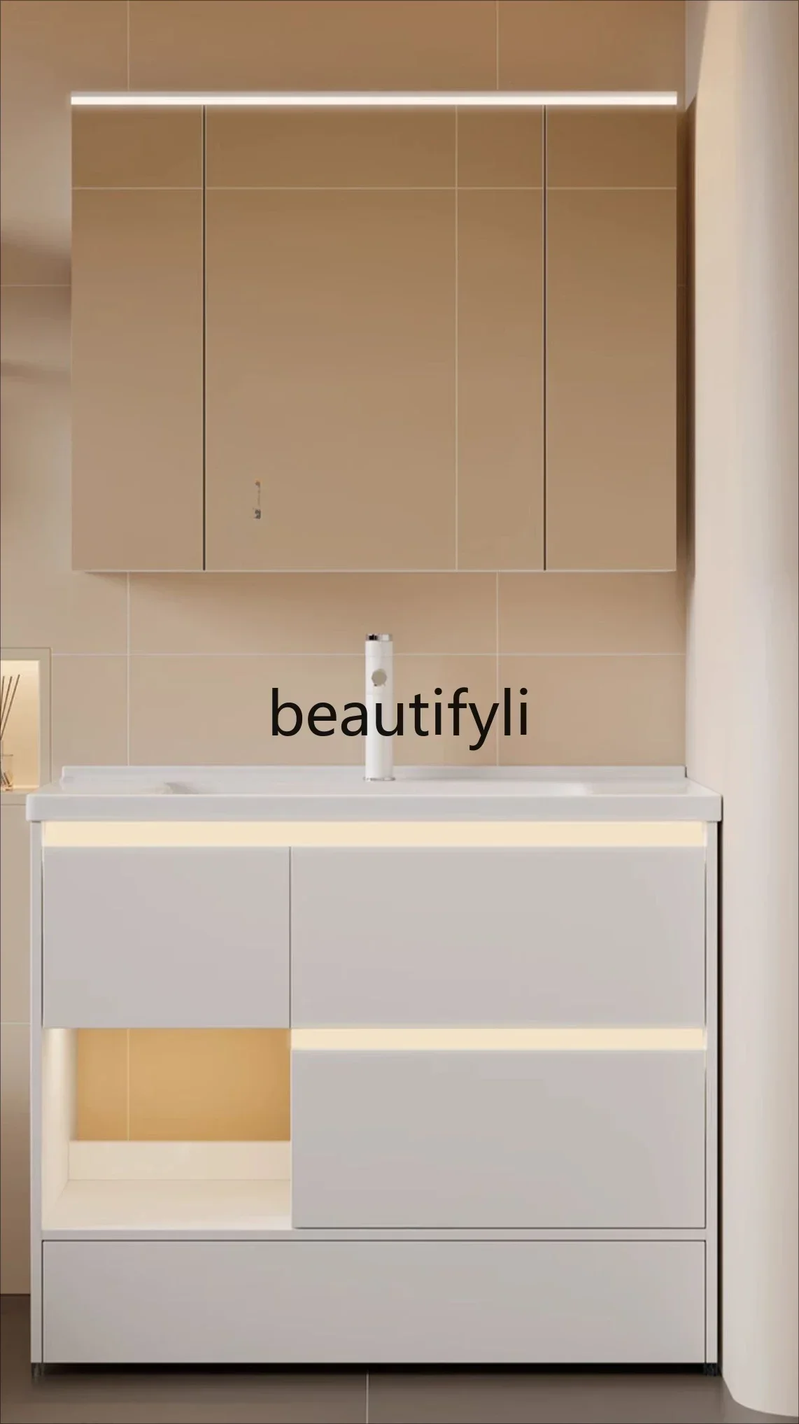 

Ceramic integrated basin, bathroom cabinet, floor-to-ceiling washing table, smart mirror cabinet combination