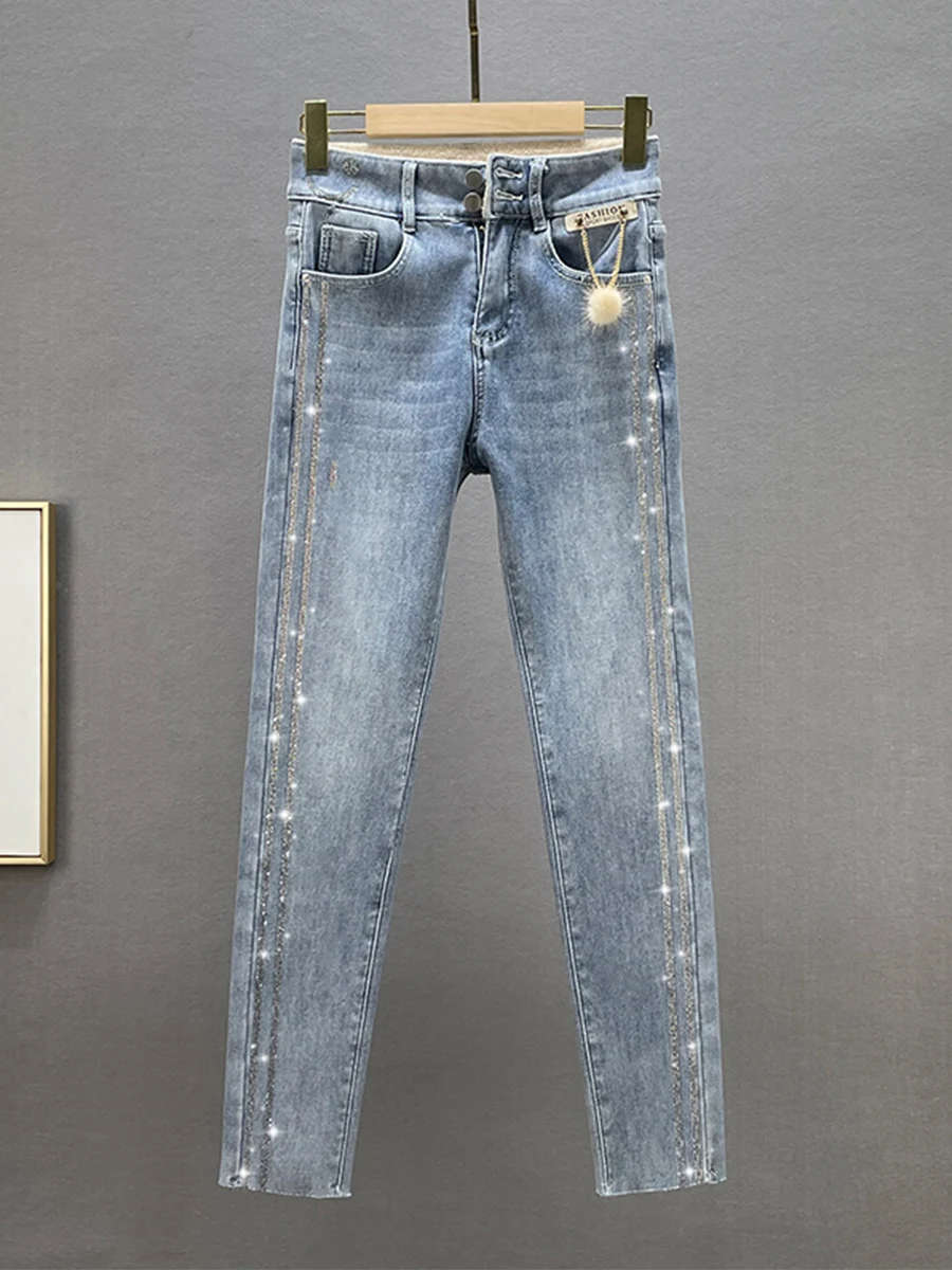 

Утепленные женские джинсы с высокой талией, облегающие, зимние, новые, в европейском стиле, брюки-карандаш, из хлопкового стрейч-денима, синие