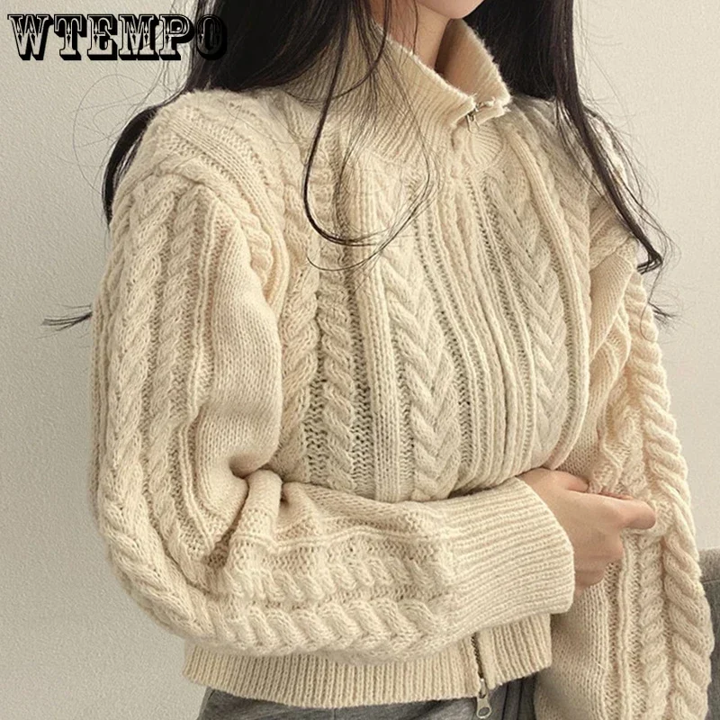 WTEMPO Fall Winter New Korean Vintage Double Zipper Sweaters Women Solid Color Elegant Short Sweater Coats Knitted Cardigans