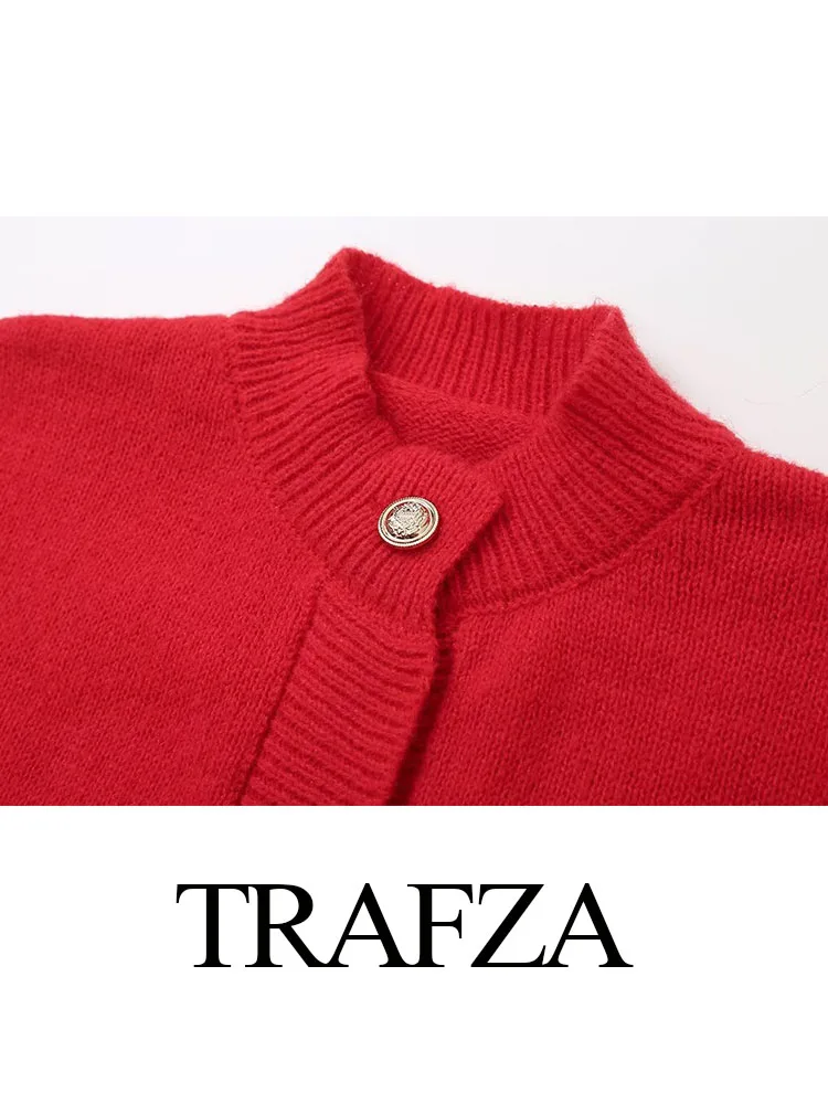 TRAFZA Autumn Women New Round Collar Long Sleeve Knitted Jacket Female Fashion Furry Splicing Single-breasted Cardigan Sweater