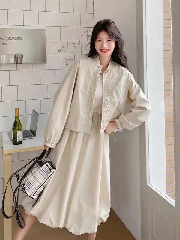 

plus Size Women's Korean Style Sun Protection Long Sleeve Jacket And Flower Bud Half Skirt Set Summer Casual Two-Piece Set