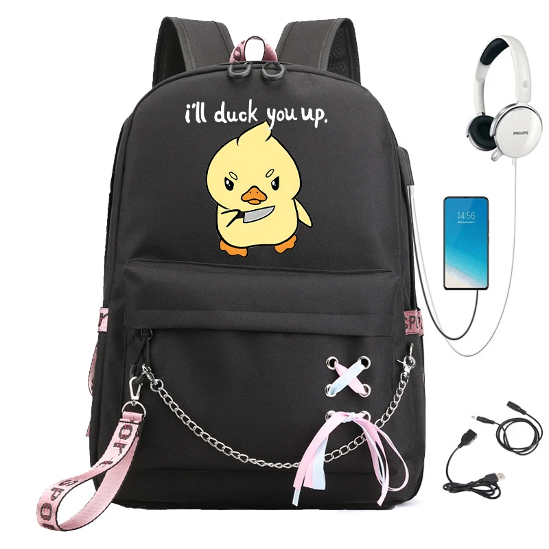 Mochila escolar de dibujos animados de Anime para niños y niñas, Bolsa Escolar Kawaii, I will Duck You Up