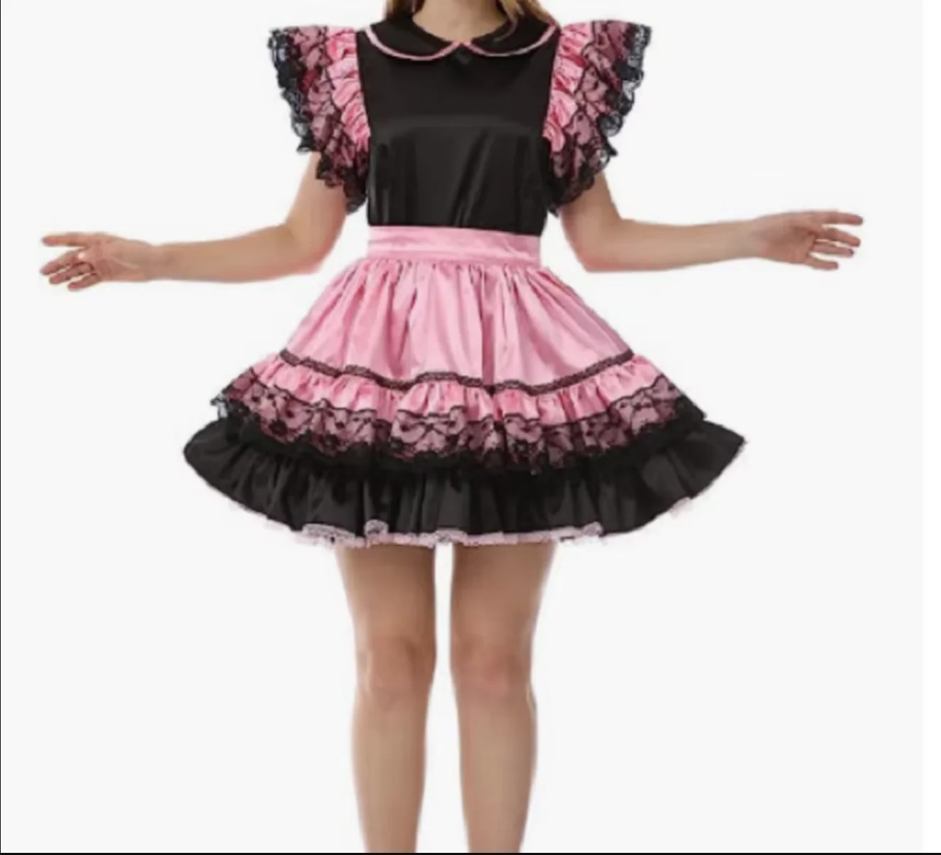 New Hot Selling French Maid Adult Girl Effeminate Gothic Lapel Pink Black Patchwork Satin Party Dress