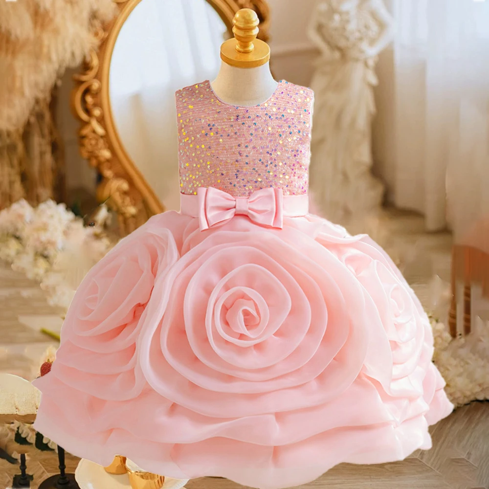 Big Flower Girls Sequin Party Dress for Kids Pink Tulle Birthday Wedding Girl Dresses Vestidos Piano Performance Evening Costume