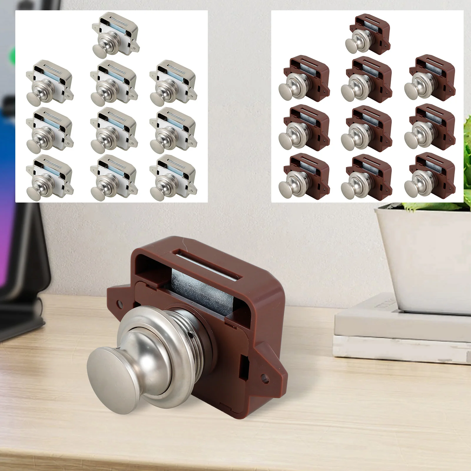 10Pcs Push Button Latch Elegant Cabinet Door Catch Keyless Cupboard Locks Decorative Push Button Latch Pearl Color/Brown Door