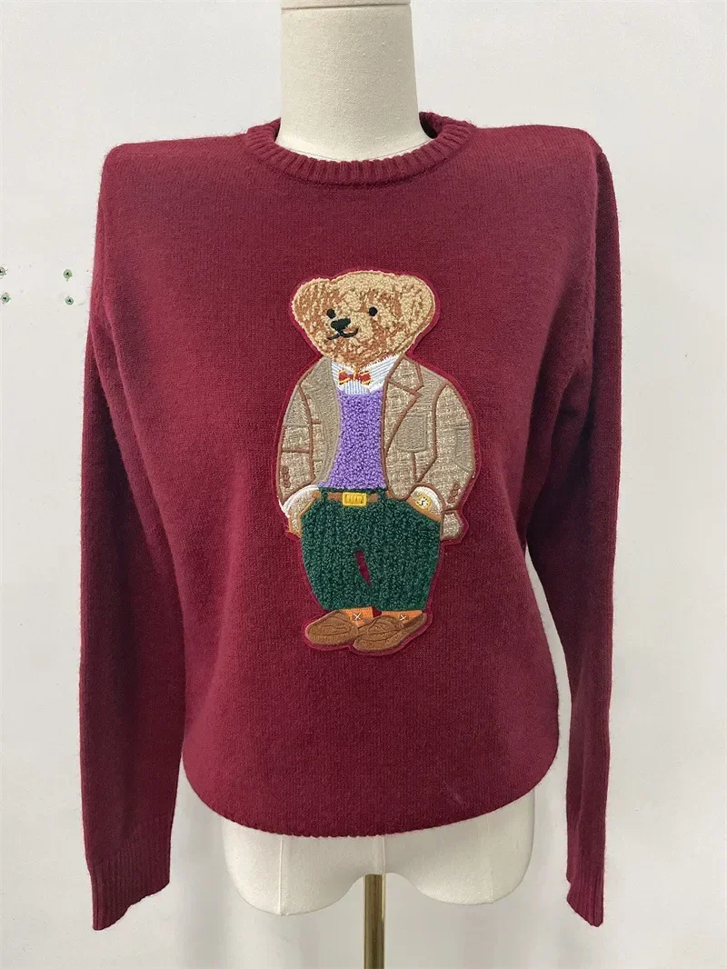 Zekye Winter Damen Pullover Kleidung Bär Stickerei Rundhals Slim Fit Pullover Cartoon College Stil gestrickt übergroß Y2k