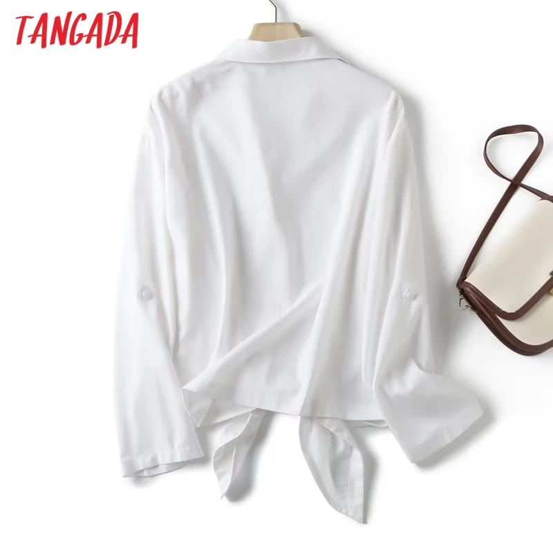 Tangada 2024 Women High Quality Linen Cotton Blouse With Bow Long Sleeve Ladies Oversized Shirt Top 4C309