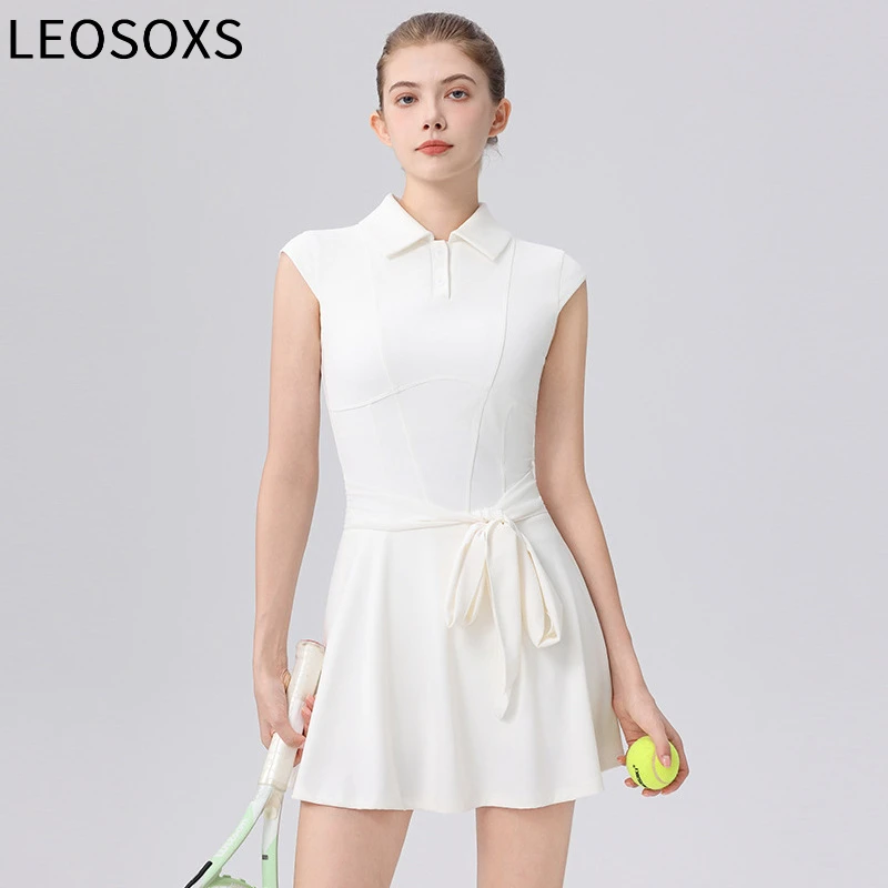 

LEOSOXS Tennis Dress for Women with Built in Shorts Womens Athletic Dresses Sleeveless Boat Neck Active Workout GYM Skort Dress