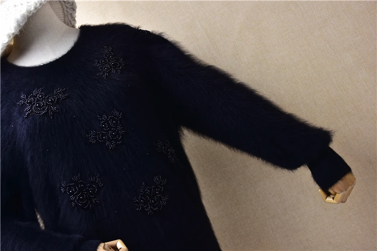 Damen Frauen Vintage Haarige Stickerei Perlen Angora Kaninchen Haar Gestrickte Lange Laterne Ärmeln Oansatz Lose Pullover Pullover Pull