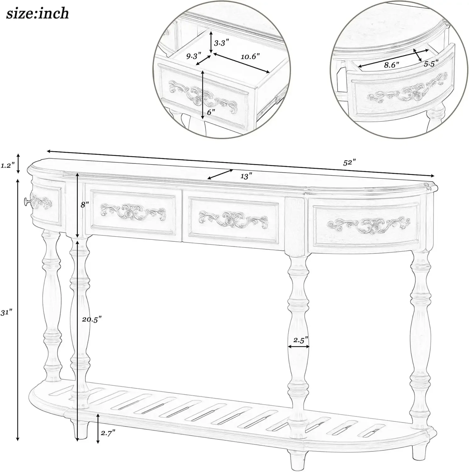 Retro Wood Curved Console Table 52-Inch Half Moon Hall Sofa Table Entryway Table with Drawers & Shelf for Living Room Home