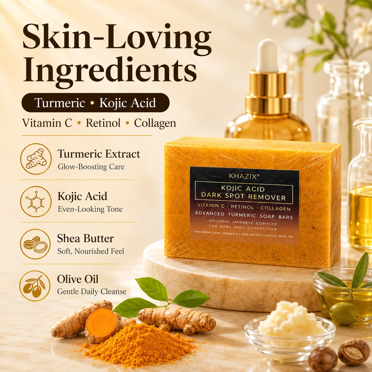 1 Pack Turmeric Kojic Acid Soap Bars(120g) - Infused with Retinol, Hydrolyzed Collagen, Vitamin E & Shea Butter, Gentle Care for