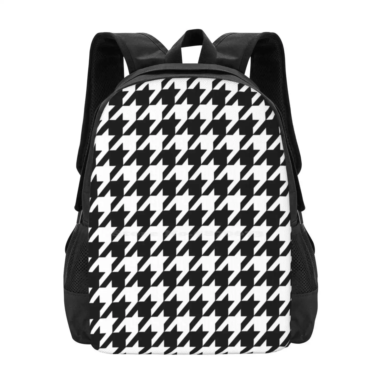 Black And White Houndstooth 3D Print Design Backpack Student Bag Black And White Monochrome Houndstooth Hounds Tooth Dogstooth