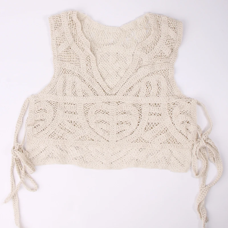 Frauen Sommer Hohl Häkeln Stricken Pullover Weste Weste Sexy V-ausschnitt Side Split Tie Up Bandage Ärmel Crop für Top für