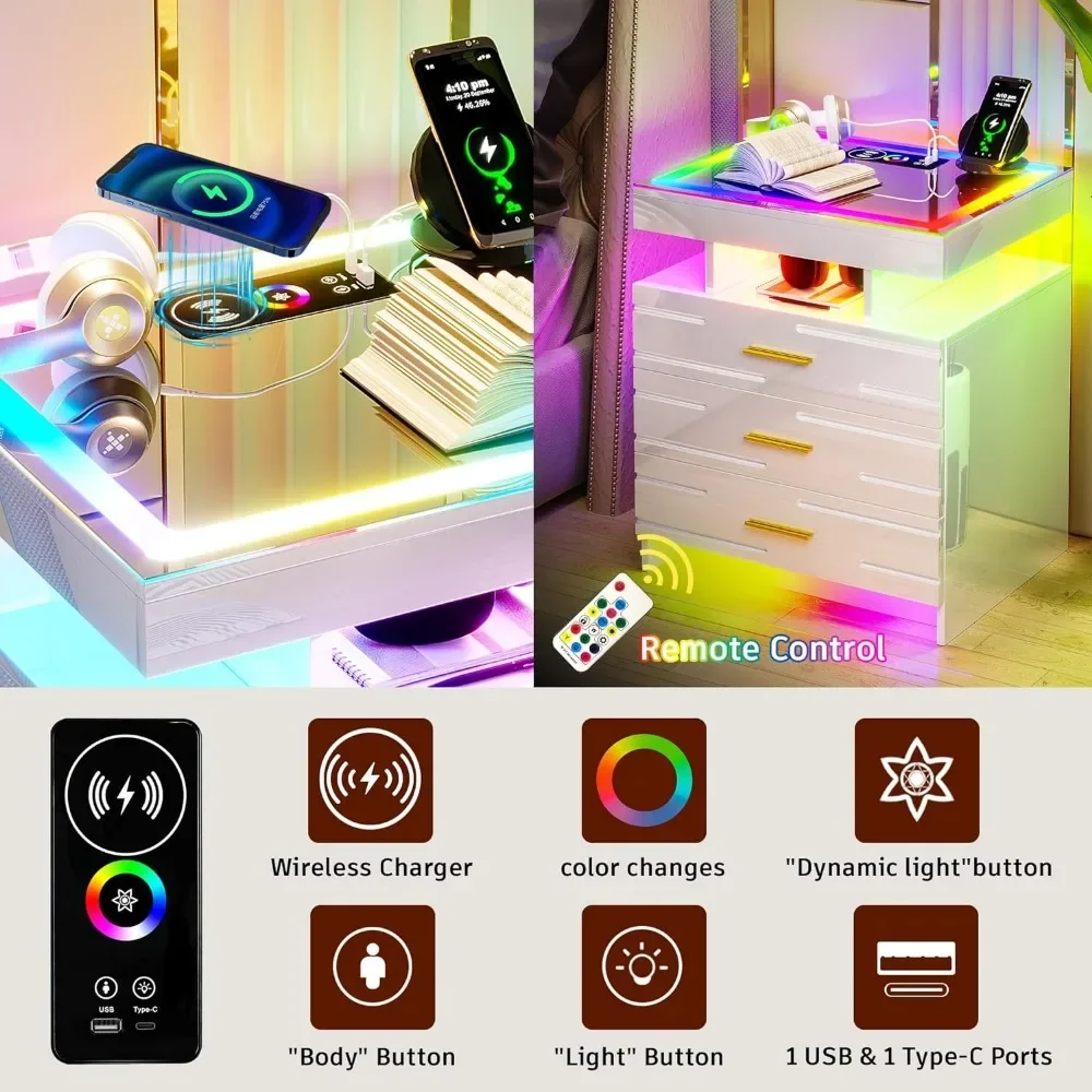 LED Nightstand with Wireless Charging Station & USB Ports, Modern Night Stand with 24 Color Lights, High-Gloss Bedside Tables