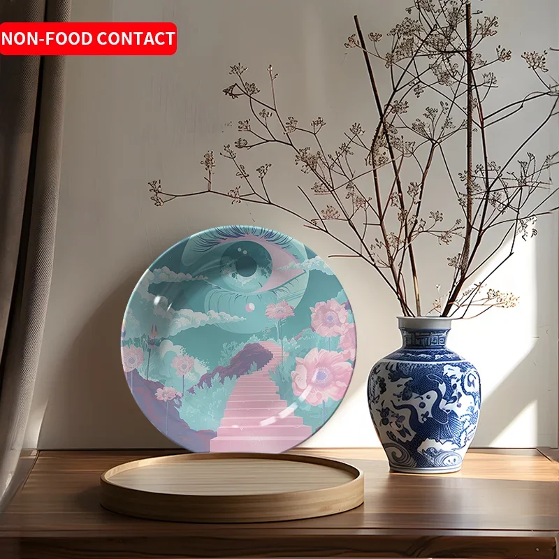 1pc Abstract Art Ceramic Wall Decor Plate - Woman Eye & Staircase Design with Pink Flowers, Blue Sky & Clouds, Round Non-Food