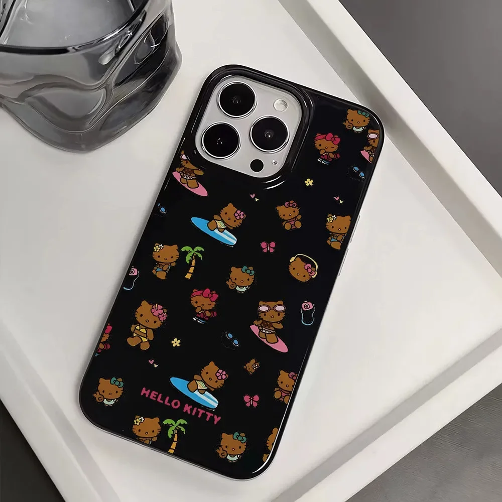 Black Skin Hello Kitty Sexy Bow Strap Mirror Phone Case For iPhone 16 15 14 13 12 11 Pro Max XR XS MAX 7 8 Plus MINI Y2K Cover