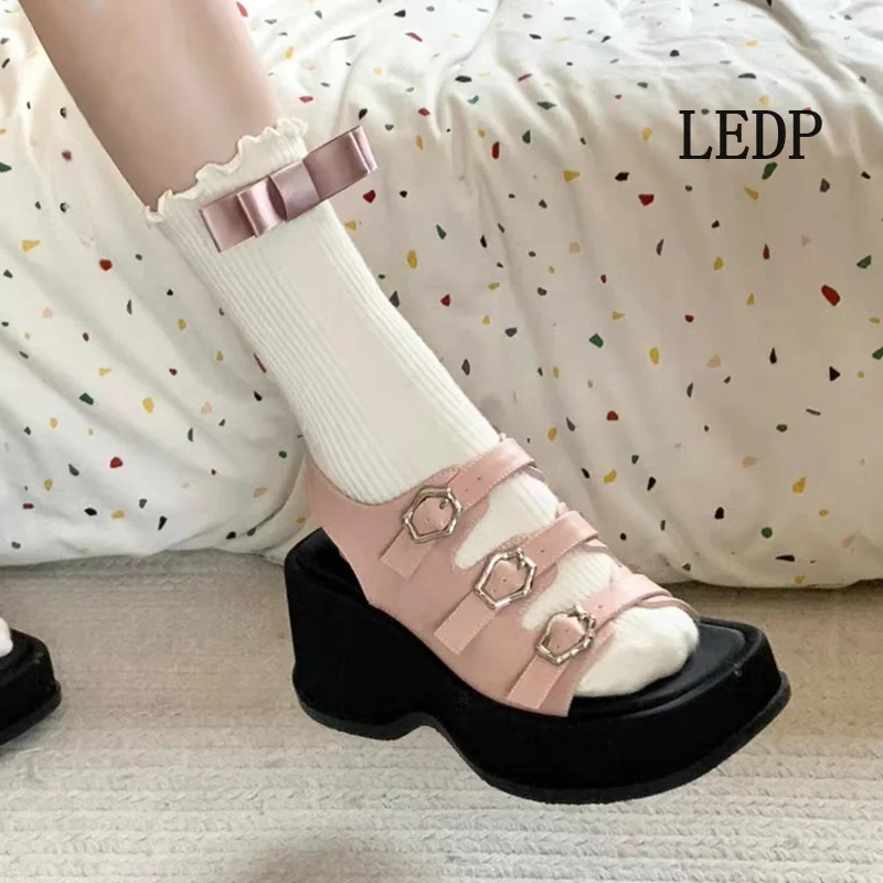 

LEDP Brand Sandals Mary Jane Women Pump Platform Heel 2024 New Summer One Line Buckle Open Toe Small Roman Shoes Silver Lolita