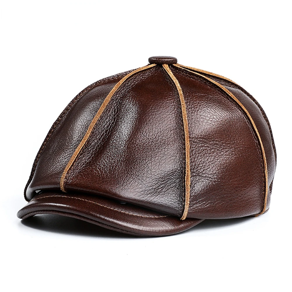 NEWSBOY CAP Real Leather Men Real Cowskin Leather Octagonal Hat Autumn Winter HIgh Quality Hats for Men Accessories