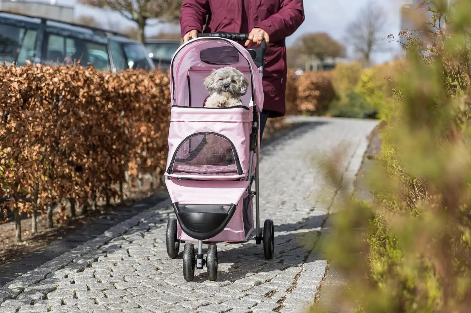 

Foldable Pet Stroller for Cats and Dogs, Pet Carrier Strolling Cart with Weather Cover, Storage Basket, Cup Holder