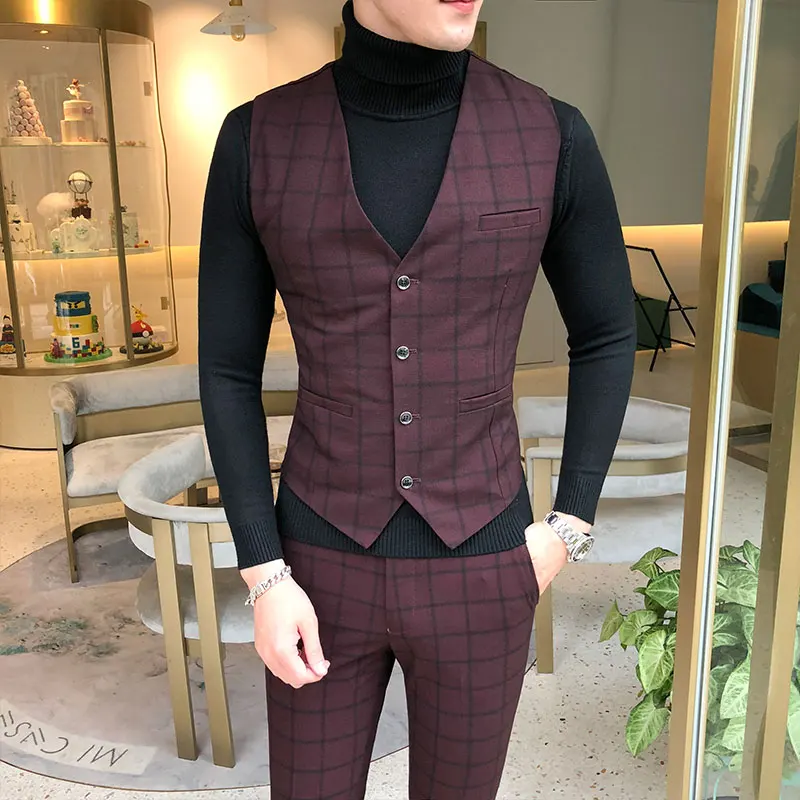 Size S-5XL Boutique Fashion Men\'s Formal Business Plaid Suit Vest Groom Wedding Party Performance Social Male Casual Waist Coat