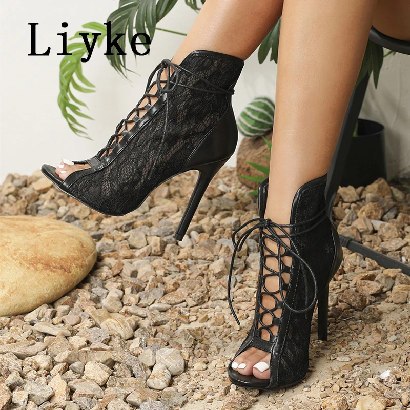 Liyke Cozy Breathable Mesh Ankle Boots Sandals Sexy Peep Toe Hollow Out Cross Strap High Heels Pole Dance Shoes Women Booties