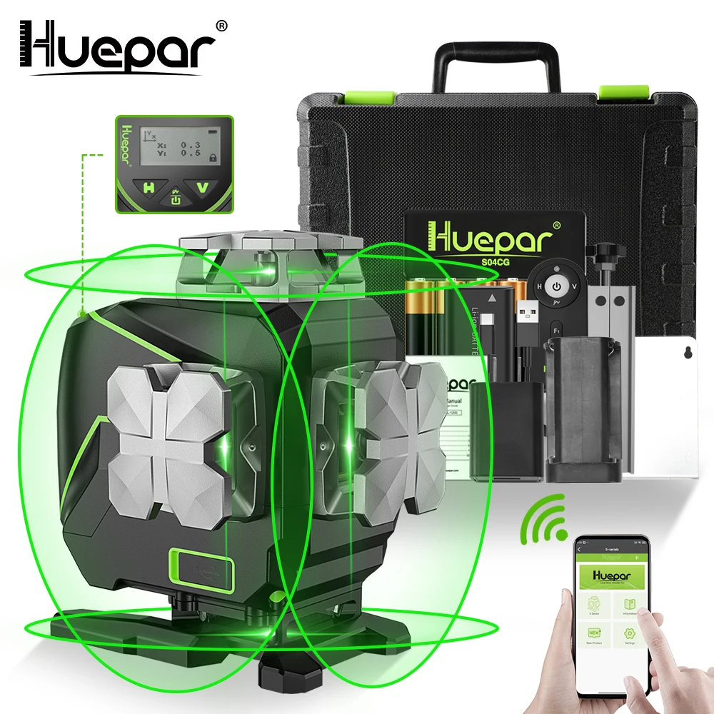 

Huepar S04CG-A 16 lines 4D Cross Line Laser Level Bluetooth & Remote Control Functions Green Beam Lines With Hard Case No Bracke