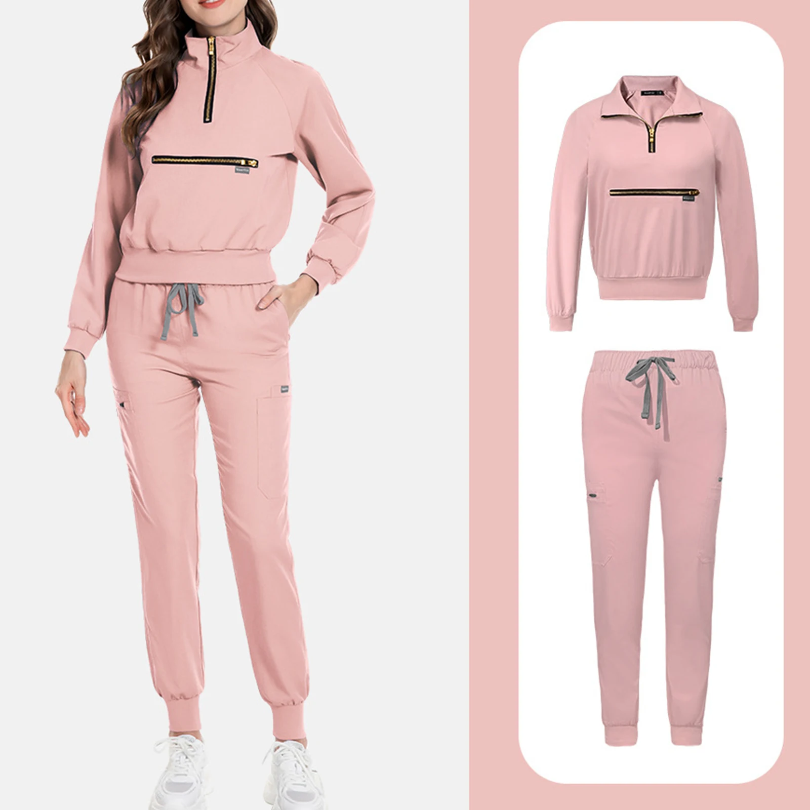 Conjunto de enfermera para mujer, cuello levantado, media cremallera, manga larga, pantalones con cordón multicolor, ropa de trabajo profesional acogedora con múltiples bolsillos