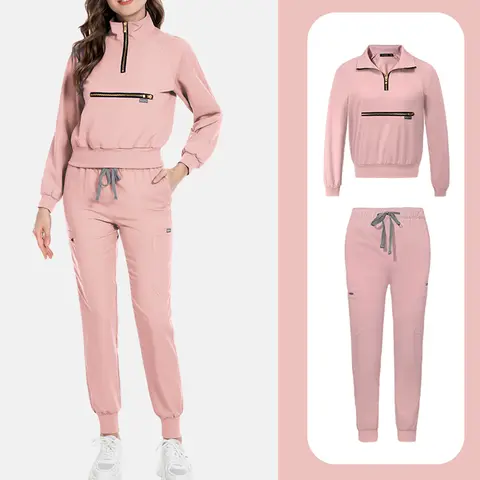 Women Nurse Scrub Set Stand Collar Half Zipper Long Sleeve Multi-Color Drawstring Pants Multi-Pocket Cozy Professional Workwear