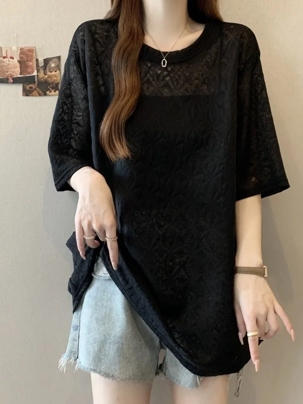 Lace Hollow Short Sleeve T-Shirt Women Summer Clothes Large Size Fat MM High-End Feeling Hanging Neck Drifting Belt Top Sligh...