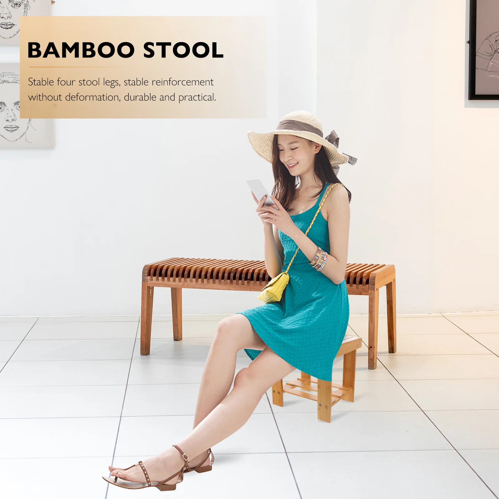 

1pc Bamboo Small 12X12X18Inch Stool For Home Laundry Room Brown Lightweight Footrest Multipurpose Household