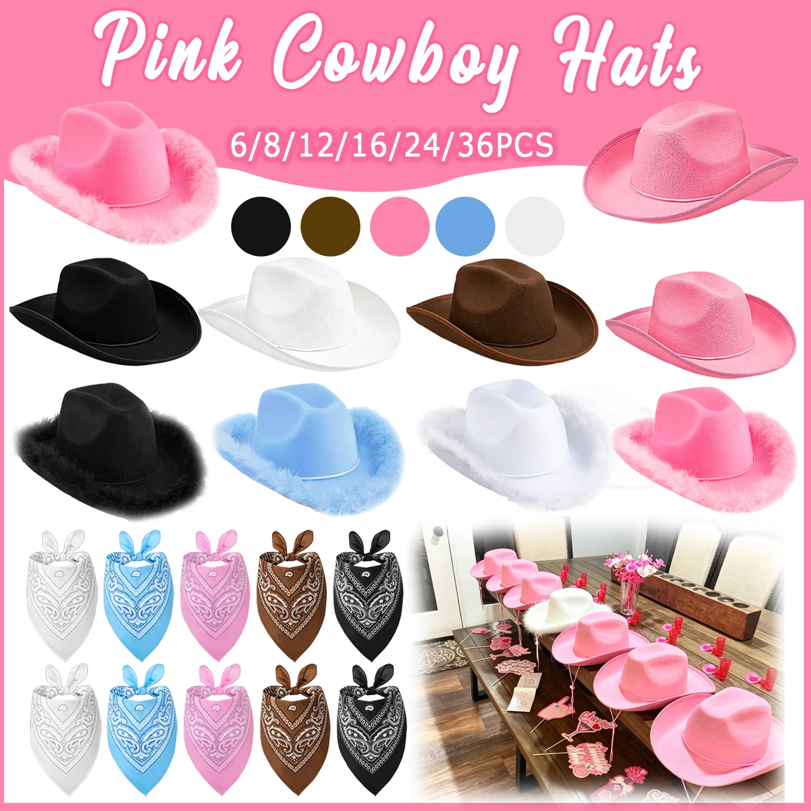 6-36Sets Feather Pink Cowboy Hat Western Cowboy Hats with Bandanas Cowboy Hat for Bachelorette Wedding Party Birthday Costume